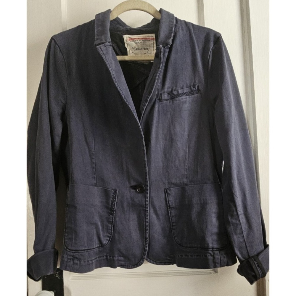 Anthropologie CARTONNIER blue cotton blazer distressed stitched trim Sz L‎
